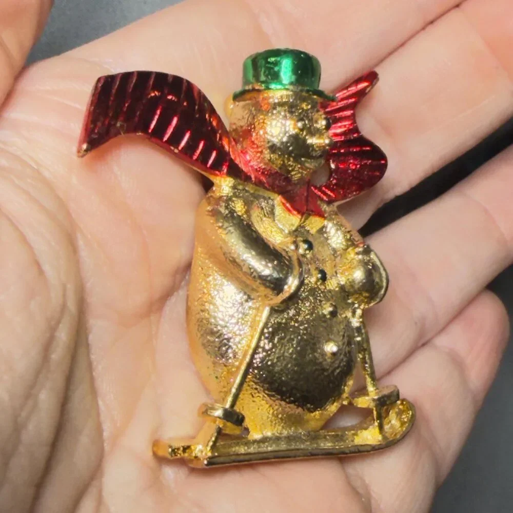 Gerry’s Snowman Brooch Red Scarf Christmas Skating Pin 2”
